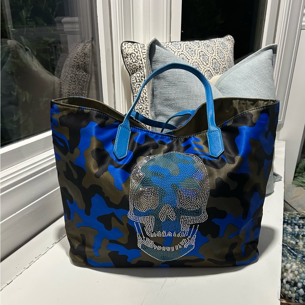 Blue and Green Camouflage Tote Bag with Skull Design
